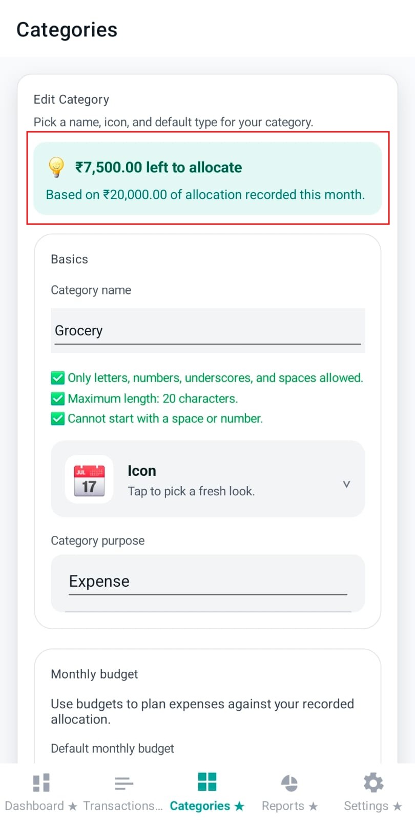 Budget status banner showing remaining allocation or over-budget status