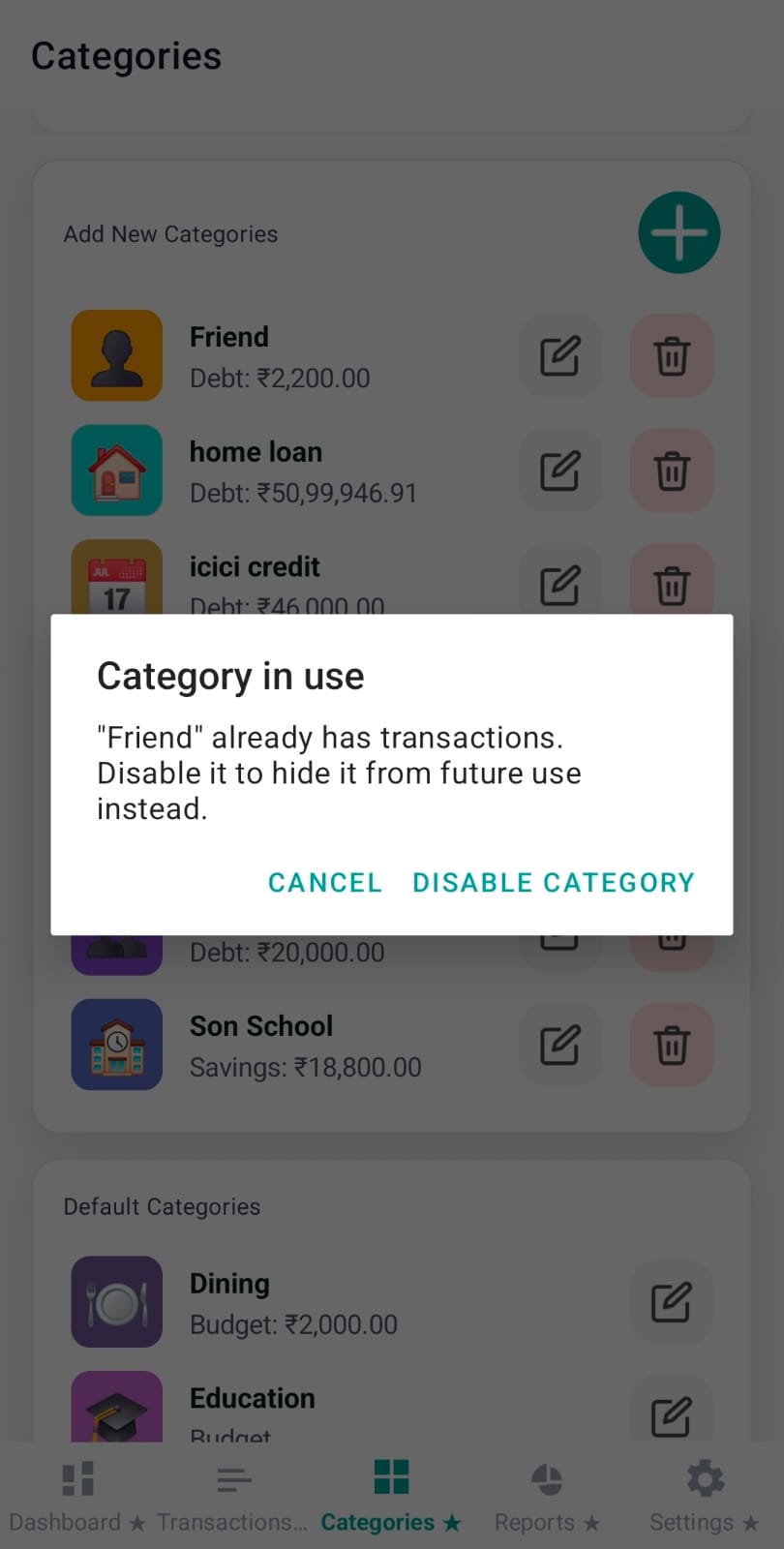 Disabled categories list with enable button
