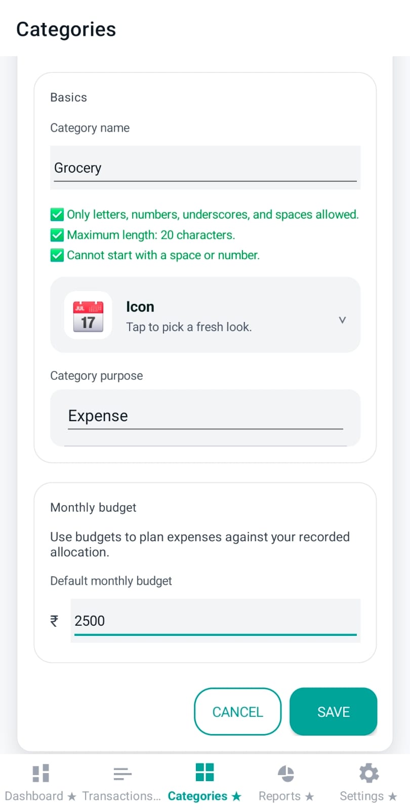 Monthly budget entry for an expense category