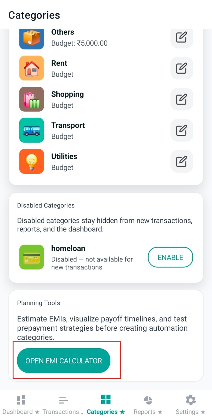 Planning tools section with Open EMI calculator button