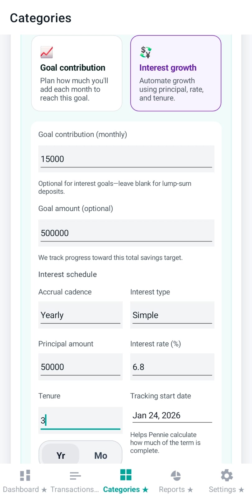Savings interest deposit mode editor fields