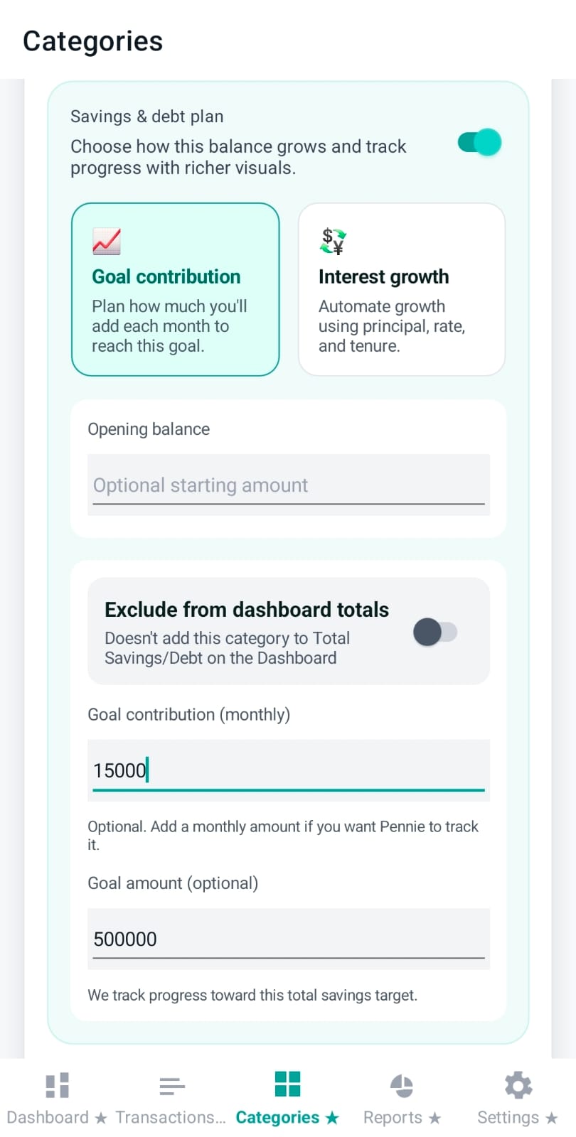 Savings monthly deposit fields: opening balance, monthly target, goal amount