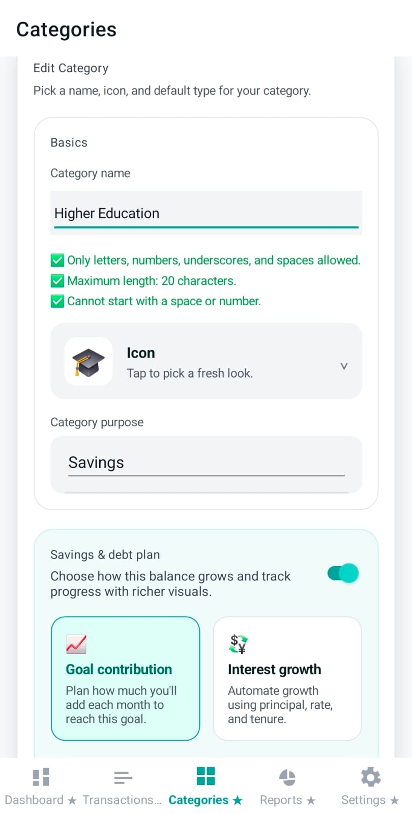 Savings plan section with carry forward and plan mode selector