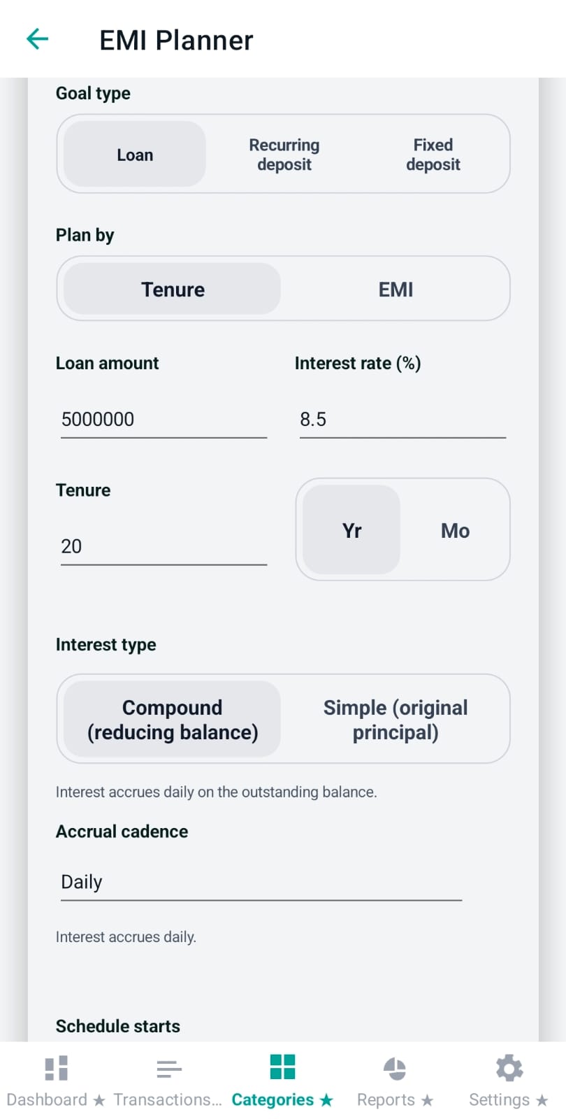Loan inputs: amount, interest rate, tenure