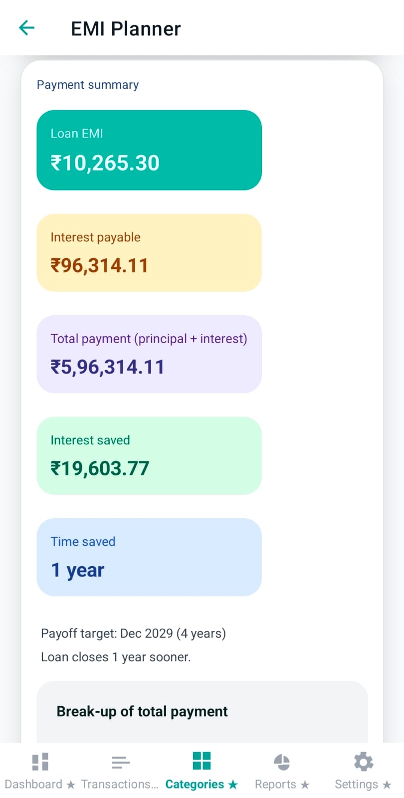 Payment summary cards