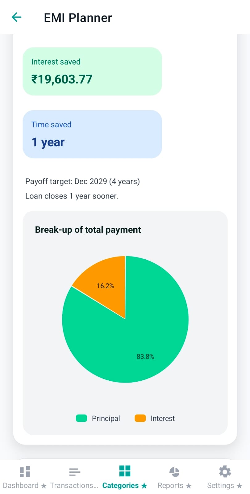 Payoff date, duration, and savings text