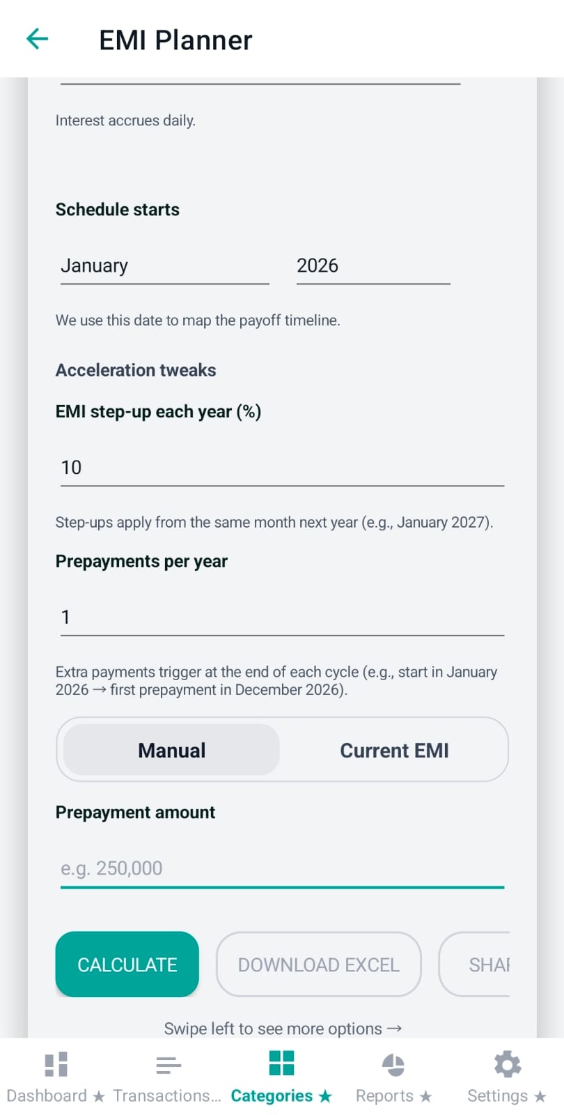Prepayment mode toggle manual vs current EMI