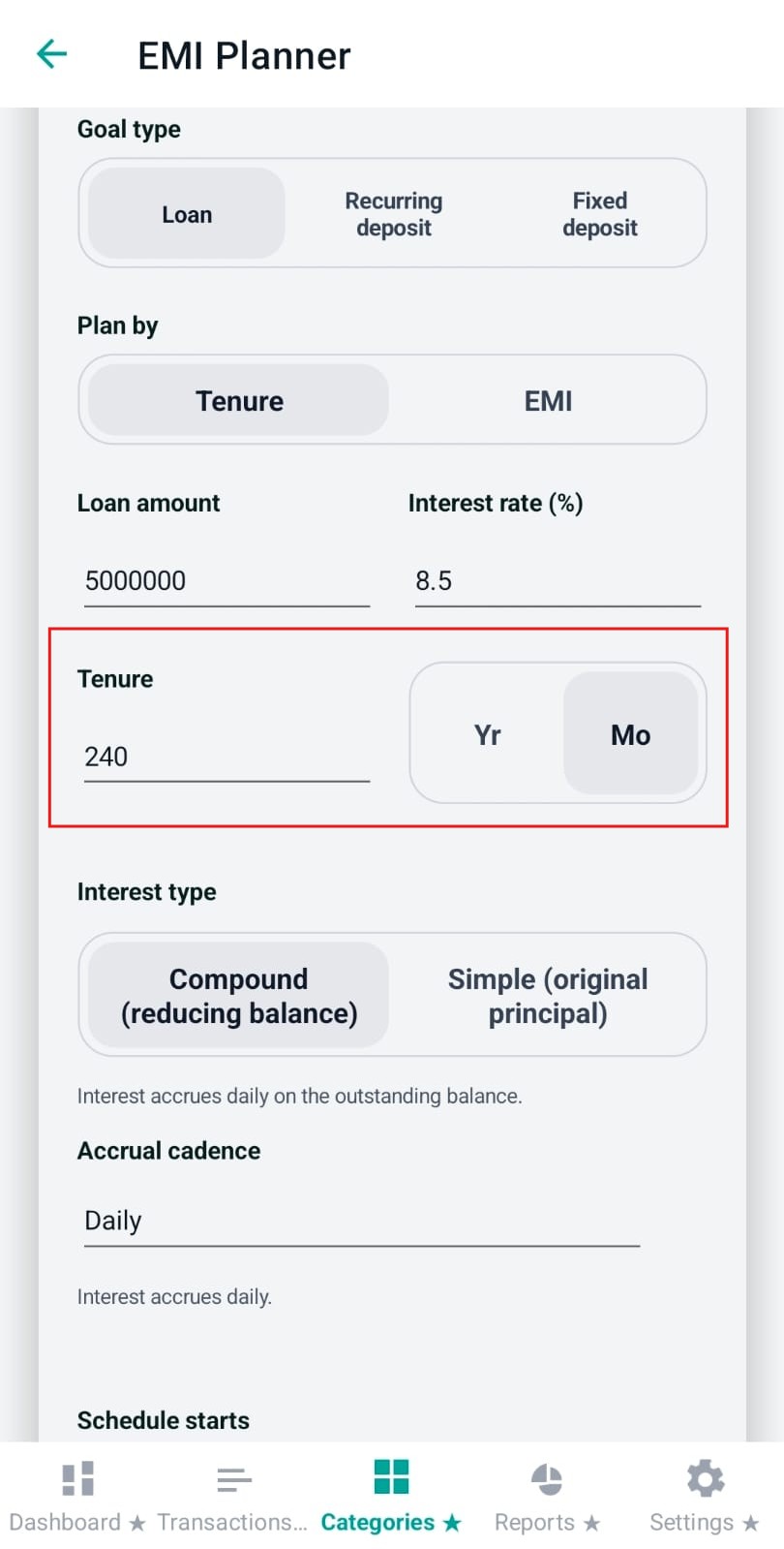 Tenure unit toggle between years and months