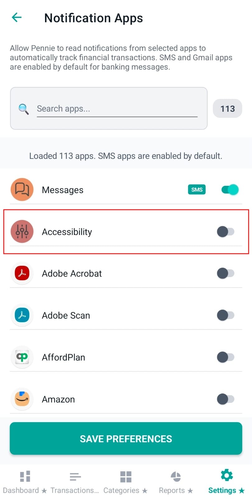 Notification apps list with switches