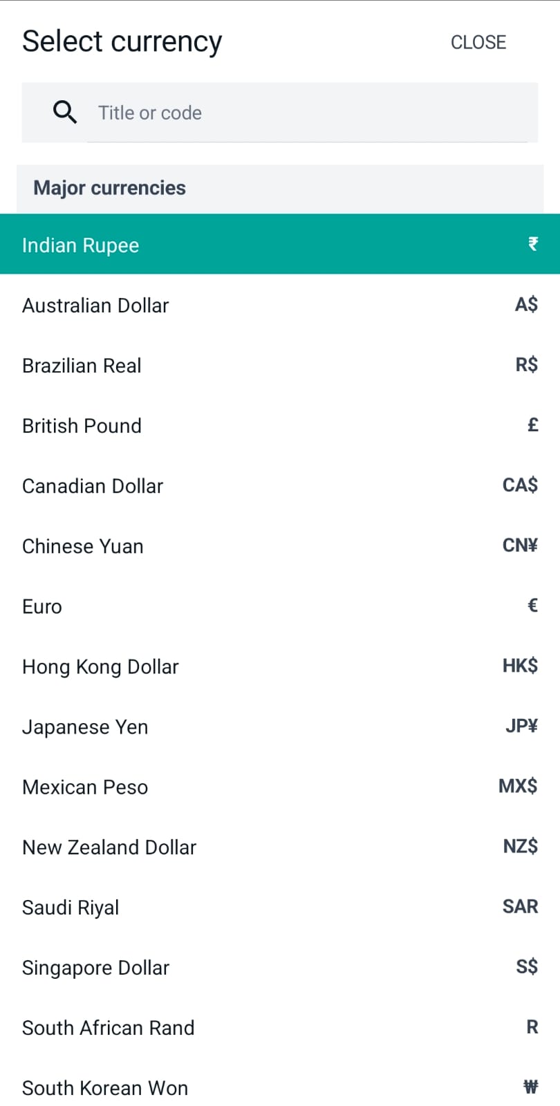 Currency picker popup