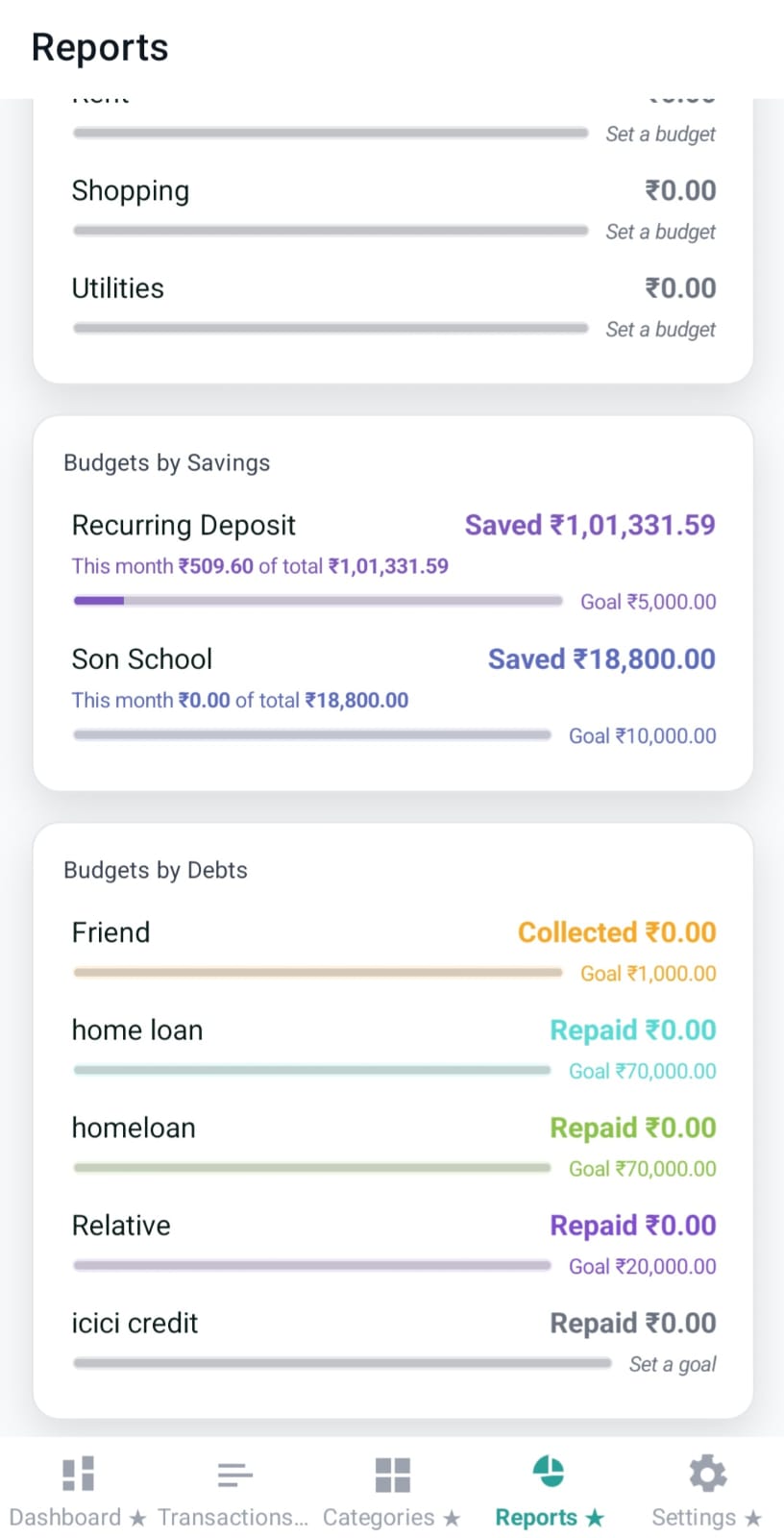 Savings and debt budget usage rows