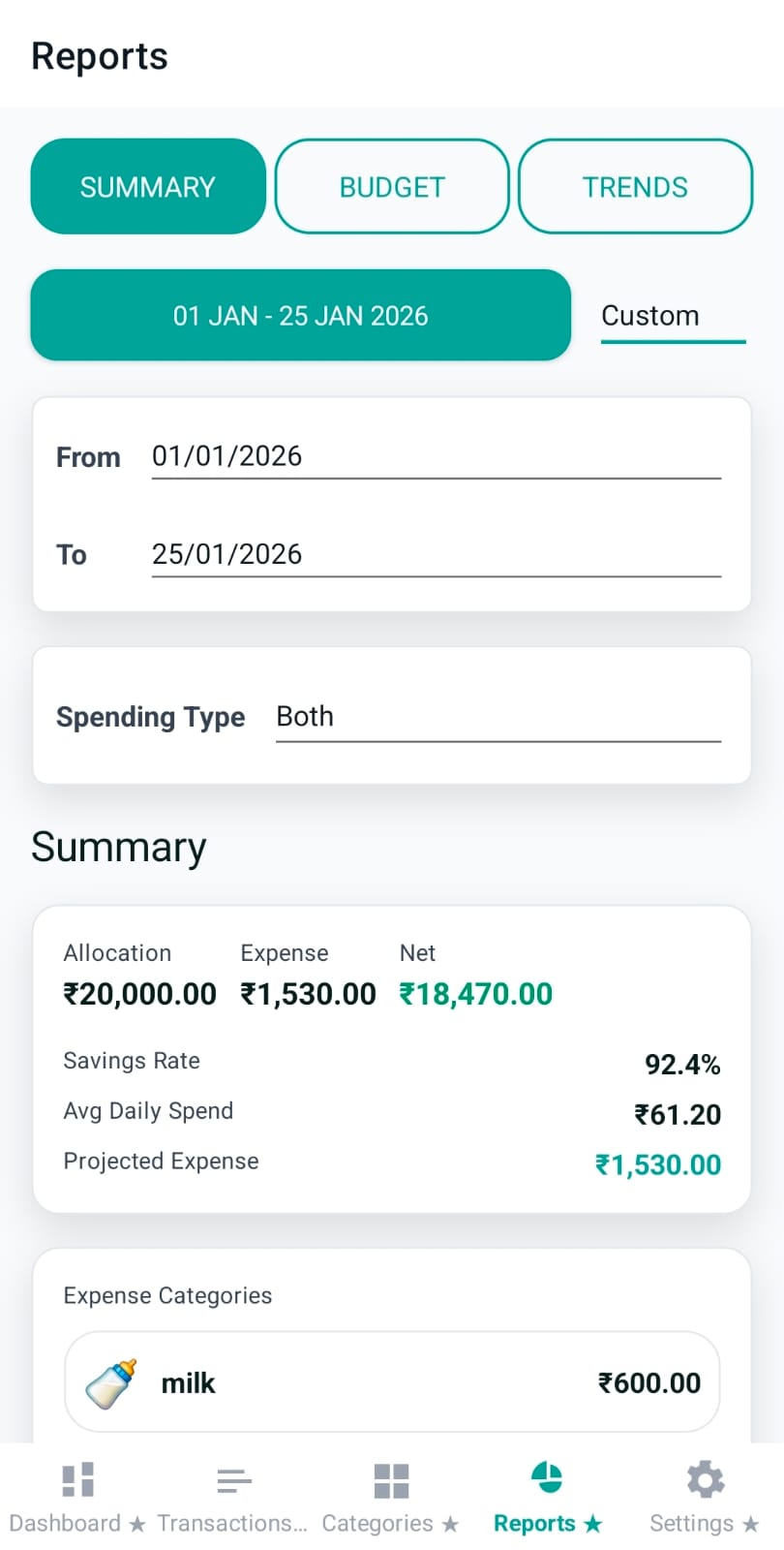 Reports custom range card with start and end date pickers