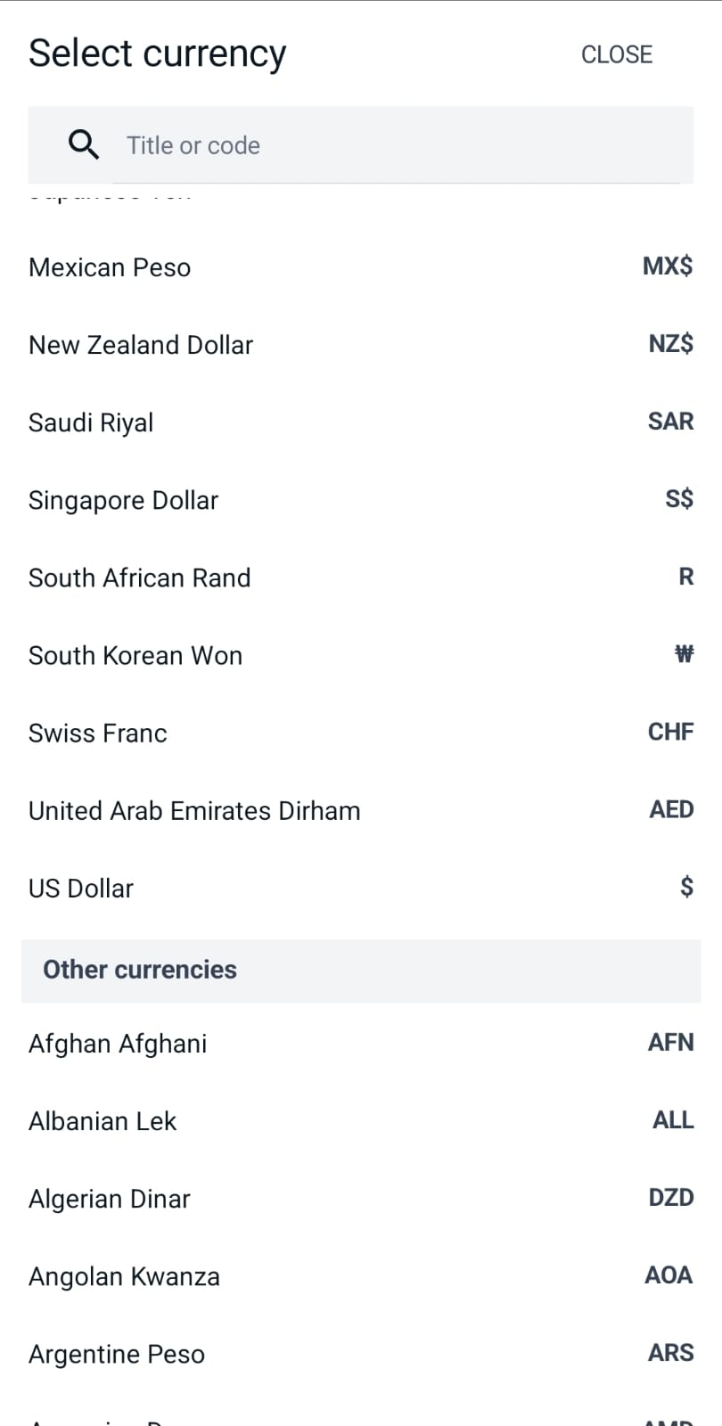 Currency picker popup