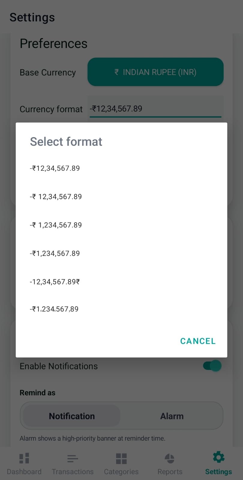Preferences card with base currency, format, fiscal year, theme
