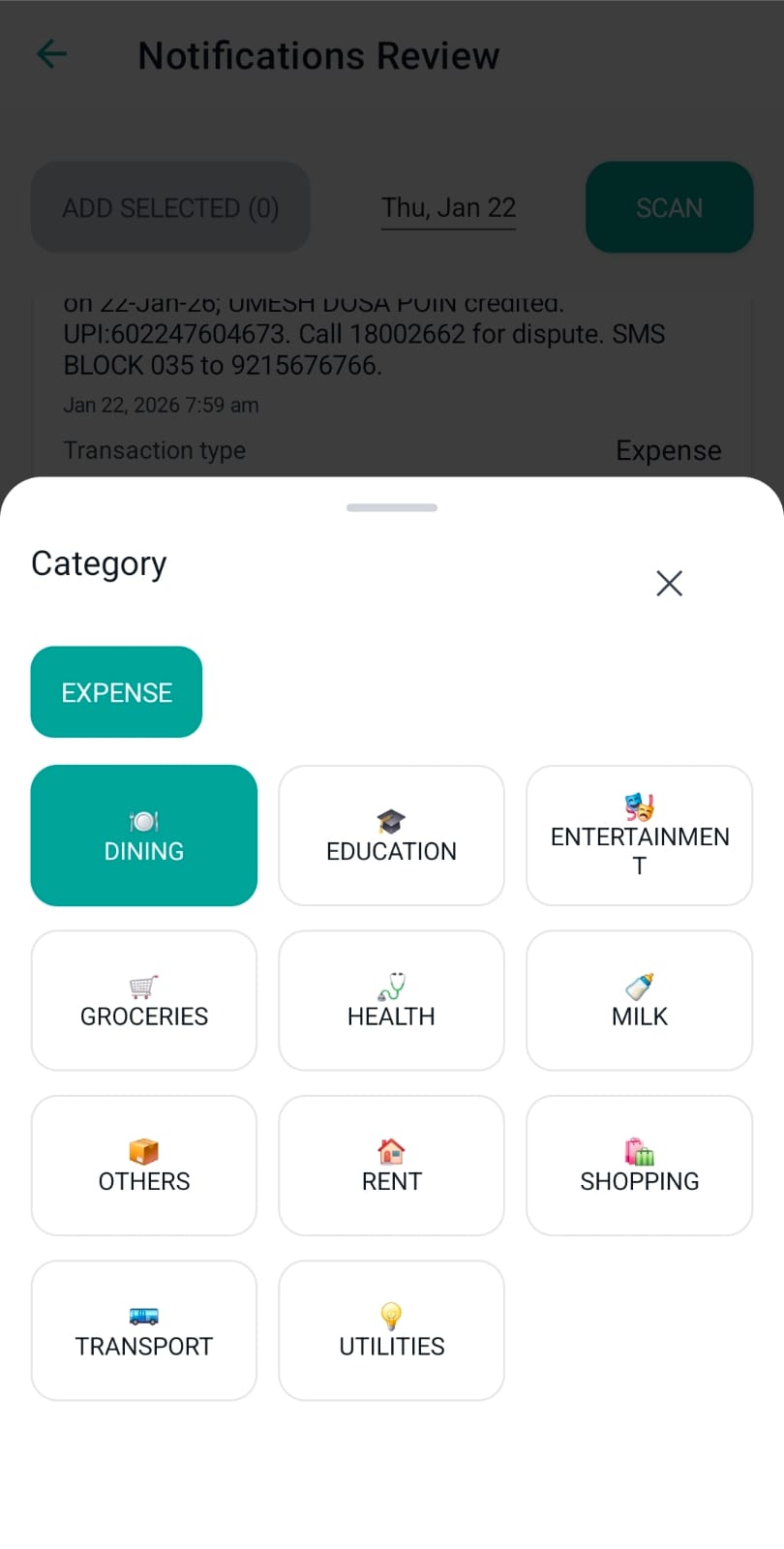 Category picker popup