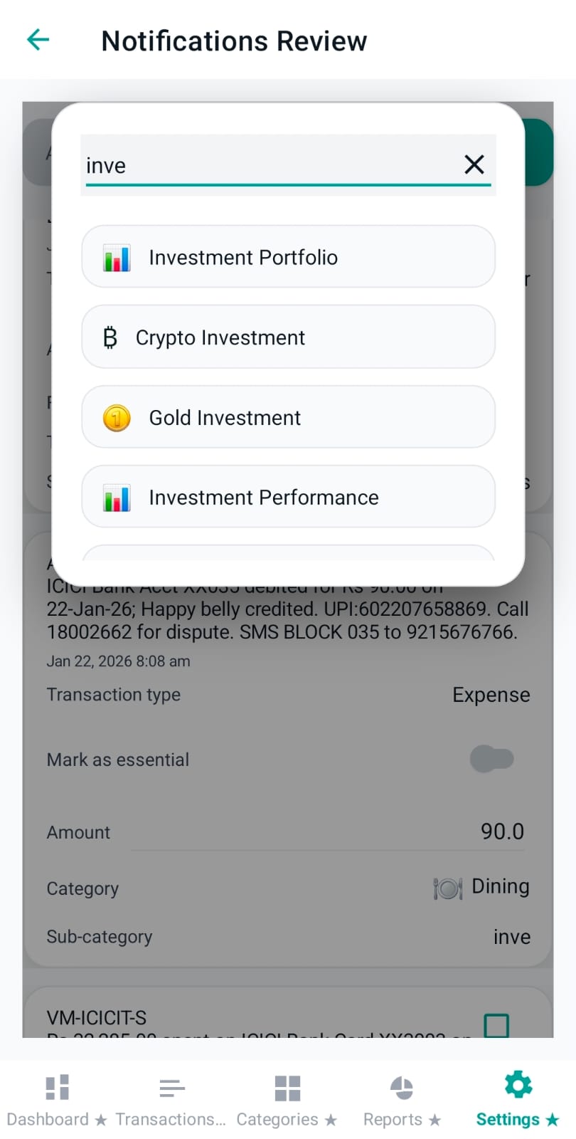 Sub-category suggestions list