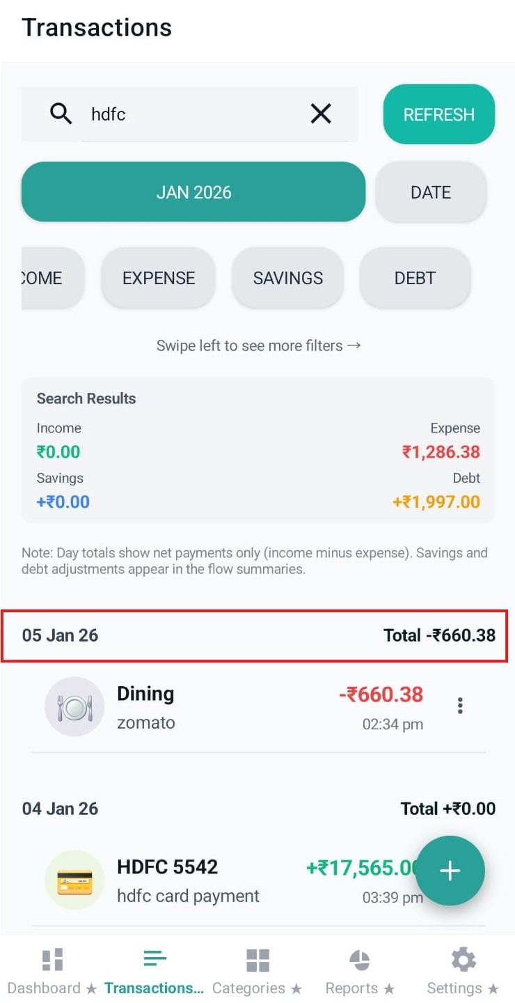 Date header rows with daily totals