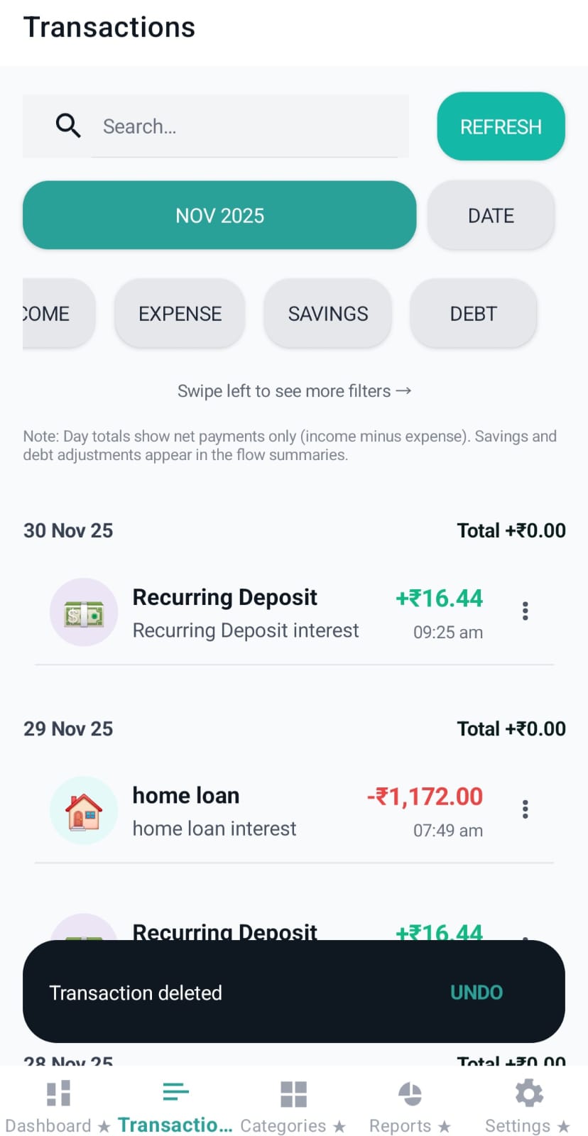 Snackbar showing deletion message and undo action
