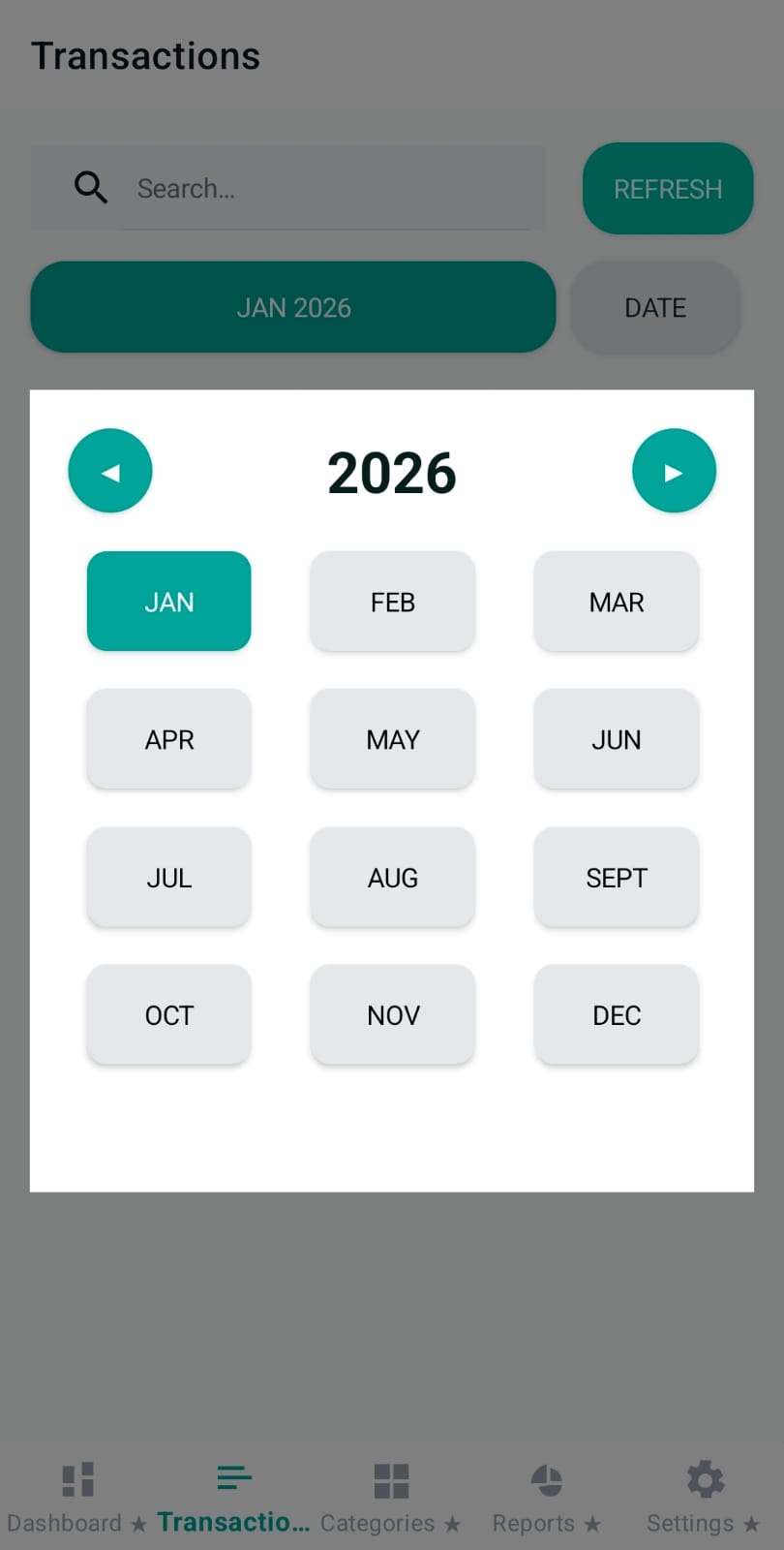 Month/year selector chip on Transactions page