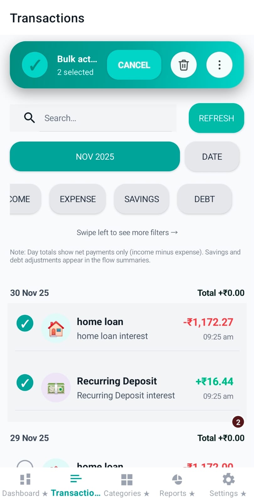 Multi-select toolbar showing selected count and actions
