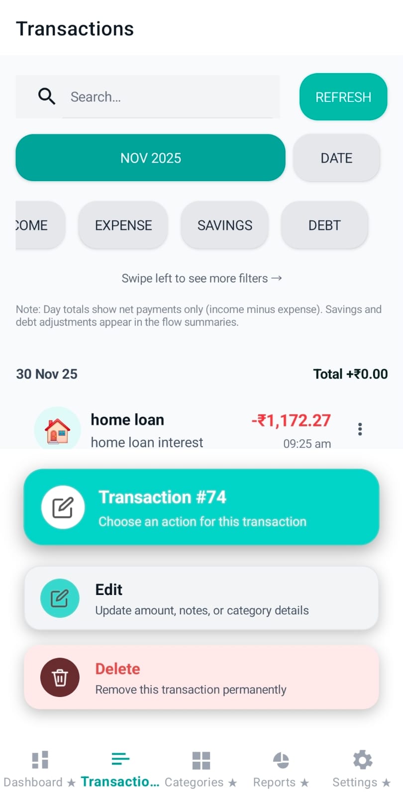 Bottom sheet showing edit and delete actions
